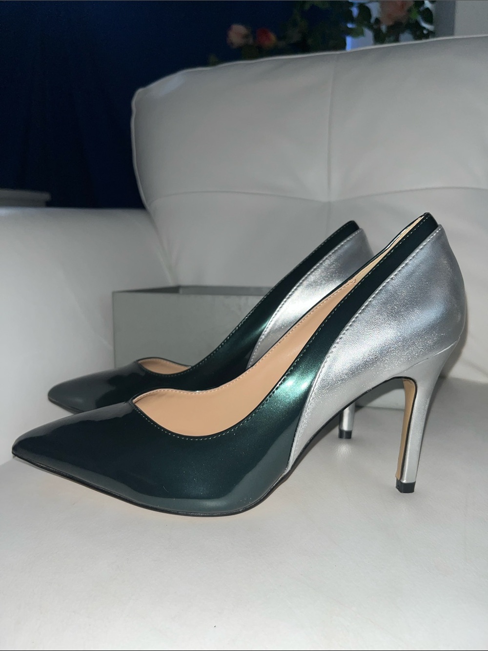 Metallic Green and Silver Pointed-Toe Stiletto Pump — Women